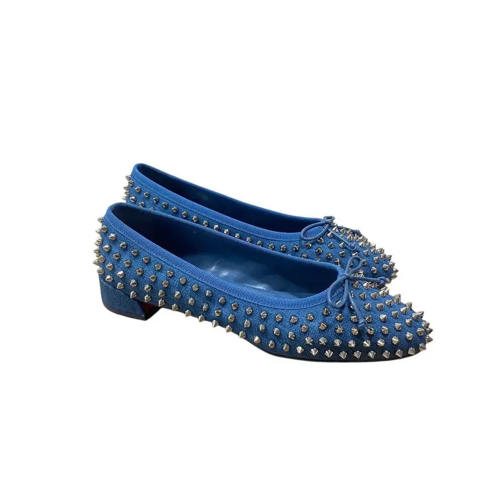 Christian Louboutin Sweetie Jane Spikes Denim Flat 37.5 Blue
